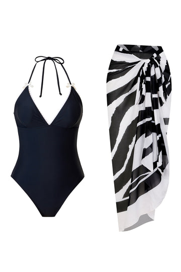 Black Halter One Piece Swimwear with Cover Up